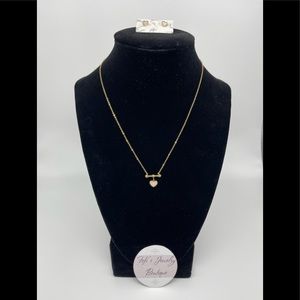 New Stainless Steel Gold Heart Mother of Pearl Necklace and Earring Set
